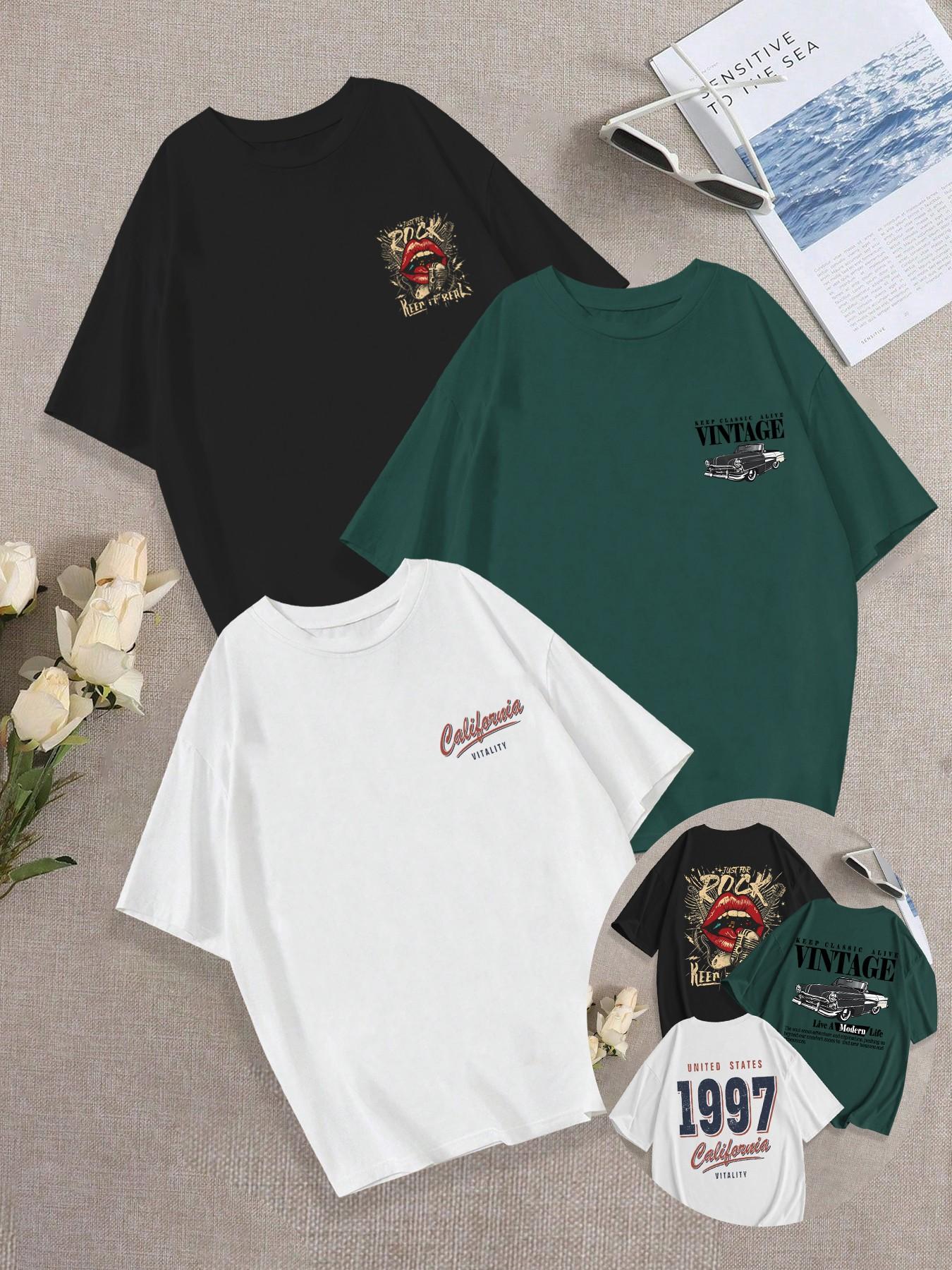 3-Pack Breathable Casual, Classic Loose Fit Round Neck T-Shirt, Vintage Comfortable Mouth/Car Pattern Print Daily Wear, Trendy Summer Tee