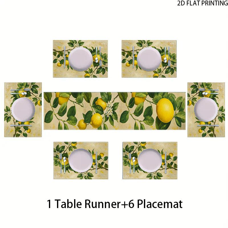2D flat printing, 5-piece/7-piece watercolor lemon table flag placemat set, with green leaves for summer tabletop decoration and holiday kitchen table decoration, suitable for home gatherings, indoor decoration, and home decor