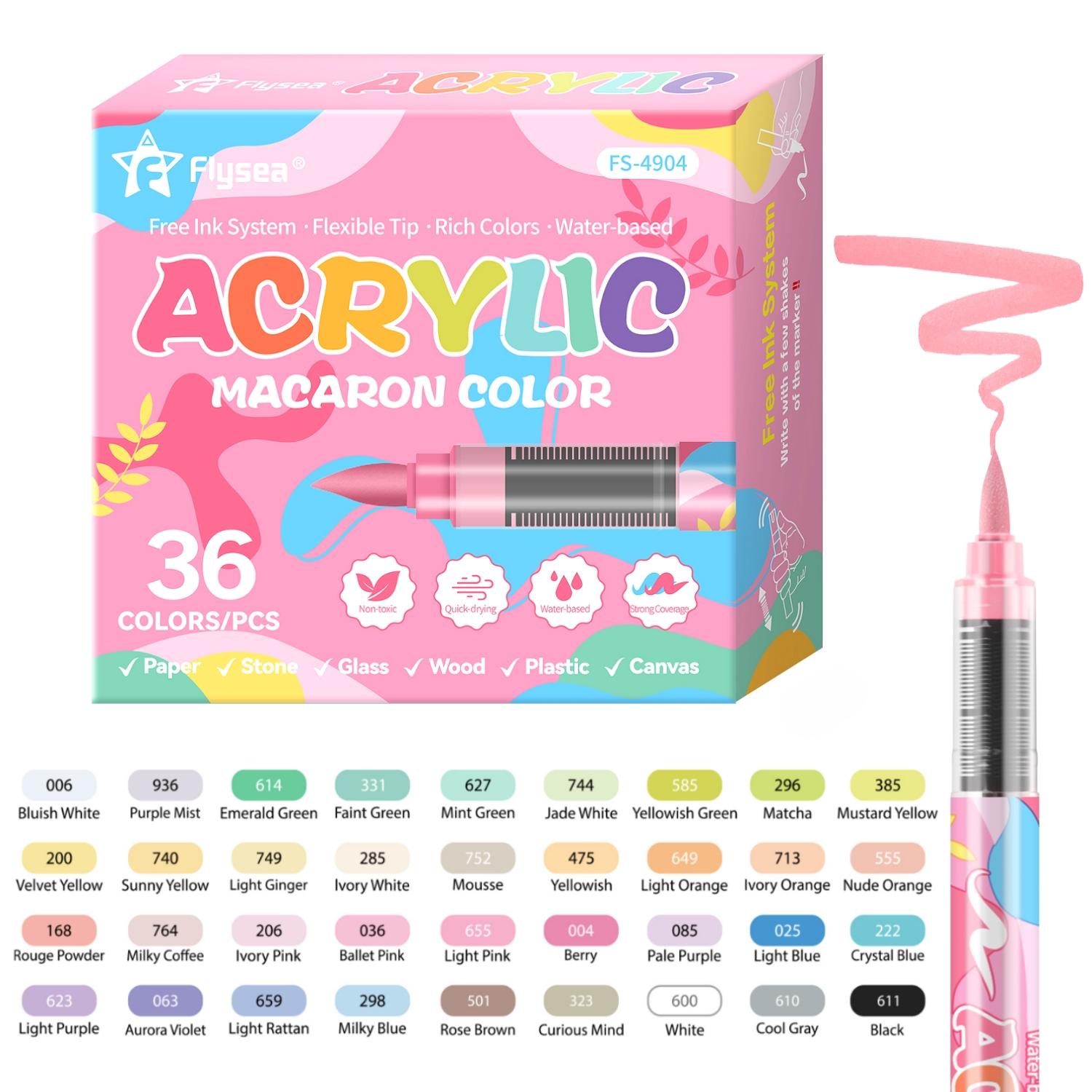 Acrylic Paint Markers, Macaron Series Set, Soft Brush Tip Water Based, Acrylic Drawing Markers, Straight liquid Markers for Wood, Canvas, Rock Painting, Glass, Diy Crafts, Fabric Paint