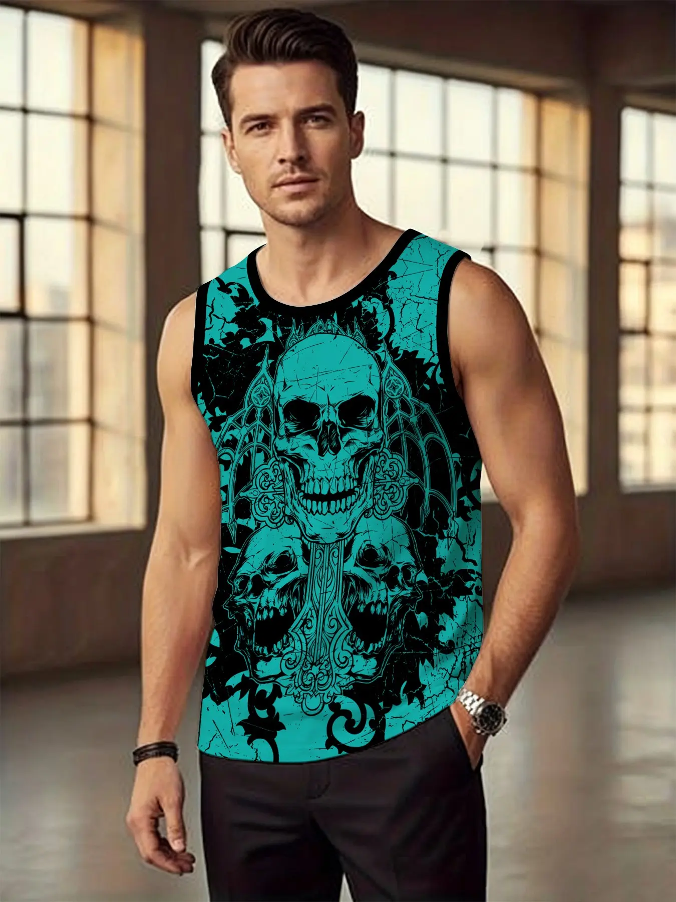 Men's skull-print t-shirt - Bright blue-green and black pattern, sleeveless Tank Vest casual summer t-shirt with floral design, regular fit, suitable for all seasons, skull t-shirt, Menswear, Sleeveless Top