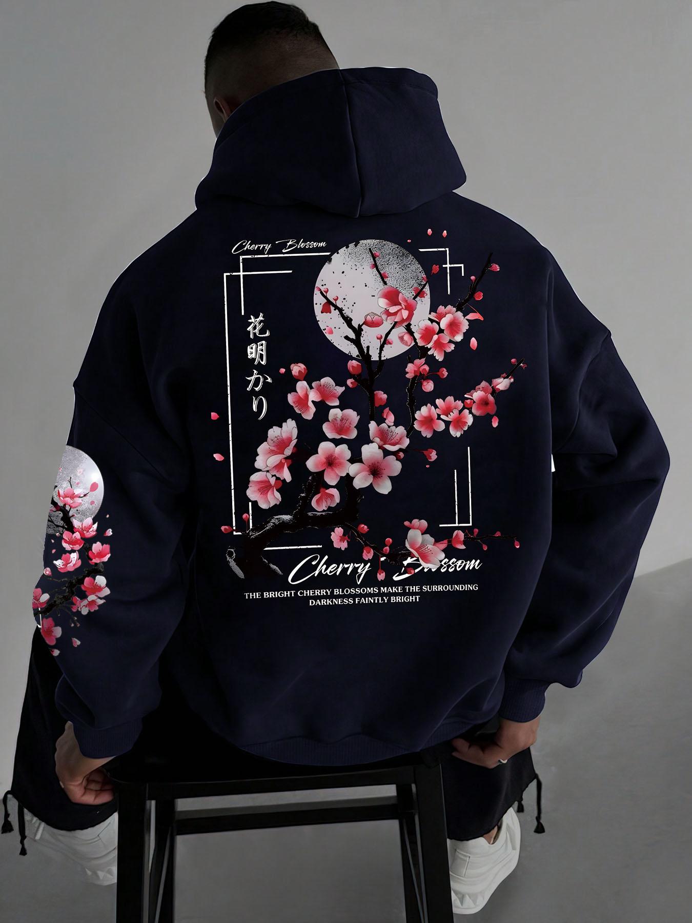Men's Floral Print Drop Shoulder Thermal Lined Hoodie, Floral Hoodies, Fashion Casual Regular Fit Drawstring Pocket Hooded Sweatshirt, Casual Streetwear Sweatshirt for Daily Holiday Outdoor Wear, Men Clothes for Fall & Winter