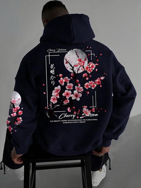 Men's Floral Print Drop Shoulder Thermal Lined Hoodie, Graphic Print Hoodie, Fashion Casual Regular Fit Drawstring Pocket Hooded Sweatshirt, Casual Streetwear Sweatshirt for Daily Holiday Outdoor Wear, Men Clothes for Fall & Winter