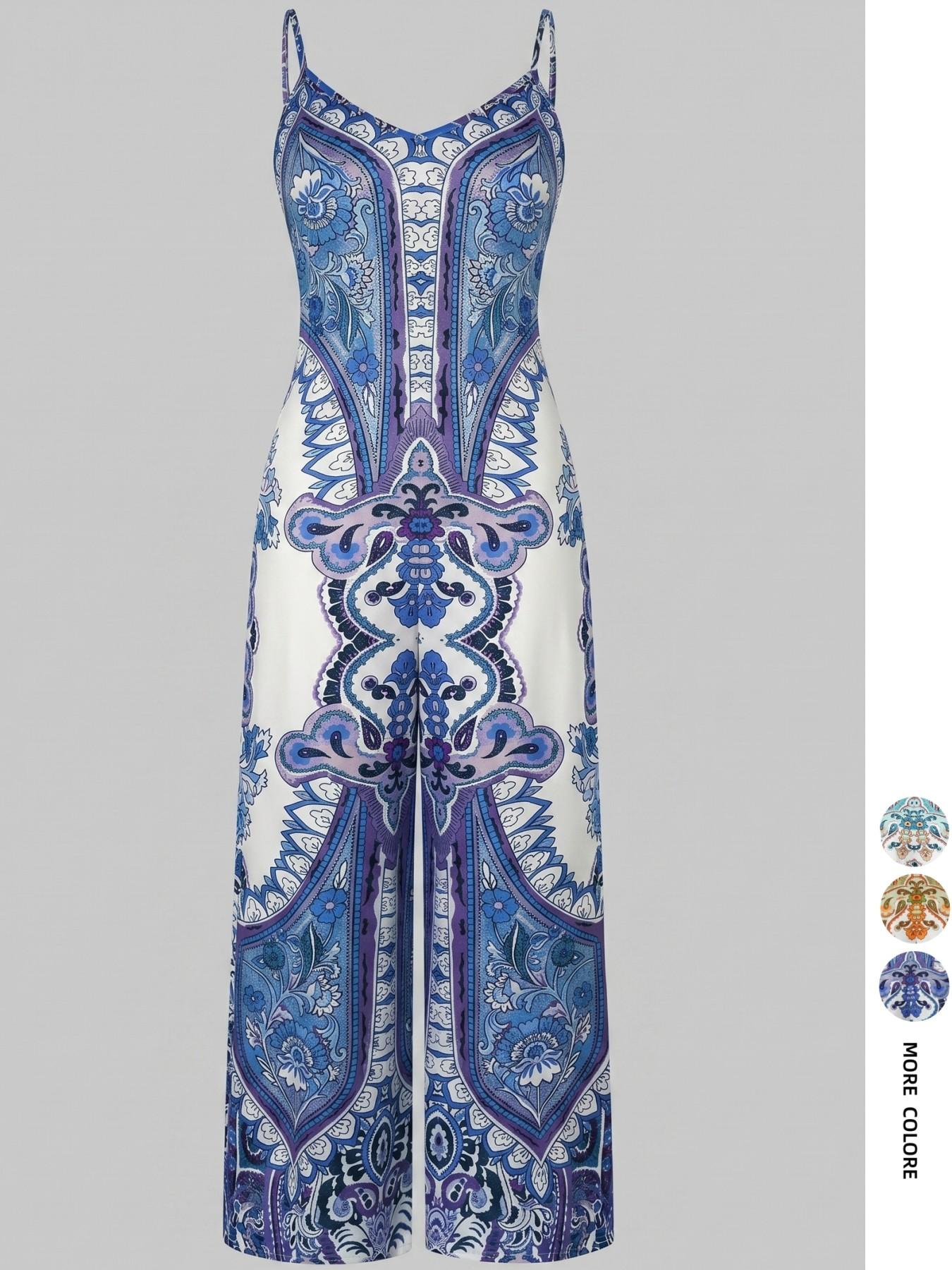 Boho Style Halter Top Wide Leg Pants Jumpsuit, Flowy Design for Hiding Belly Fat, Perfect for Vacation & Daily Wear, Comfortable & Stylish