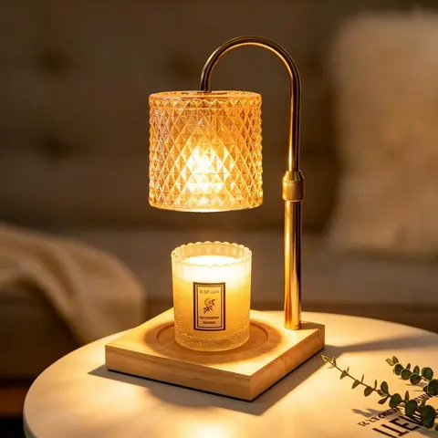 High-Grade Aesthetic Flameless Candle Warmer Lamp with Height-Adjustable Design, Gold Diamond Grid Glass Shade, Timer Set & Forget Function, Solid Wooden Base, Mineral Material, Box-Included Home Decoration Gift for Indoor Flameless Candle Holders