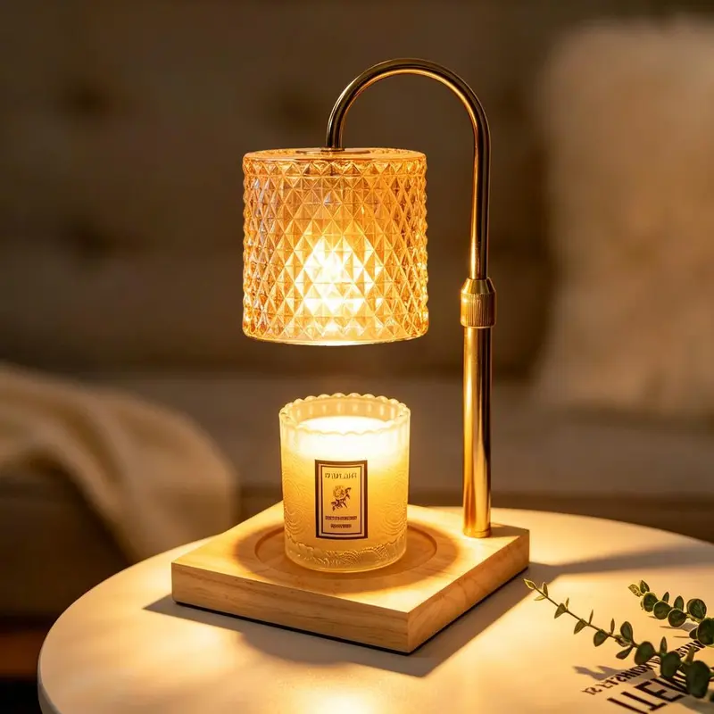 High-Grade Aesthetic Flameless Candle Warmer Lamp with Height-Adjustable Design, Gold Diamond Grid Glass Shade, Timer Set & Forget Function, Solid Wooden Base, Mineral Material, Box-Included Home Decoration Gift for Indoor Flameless Candle Holders