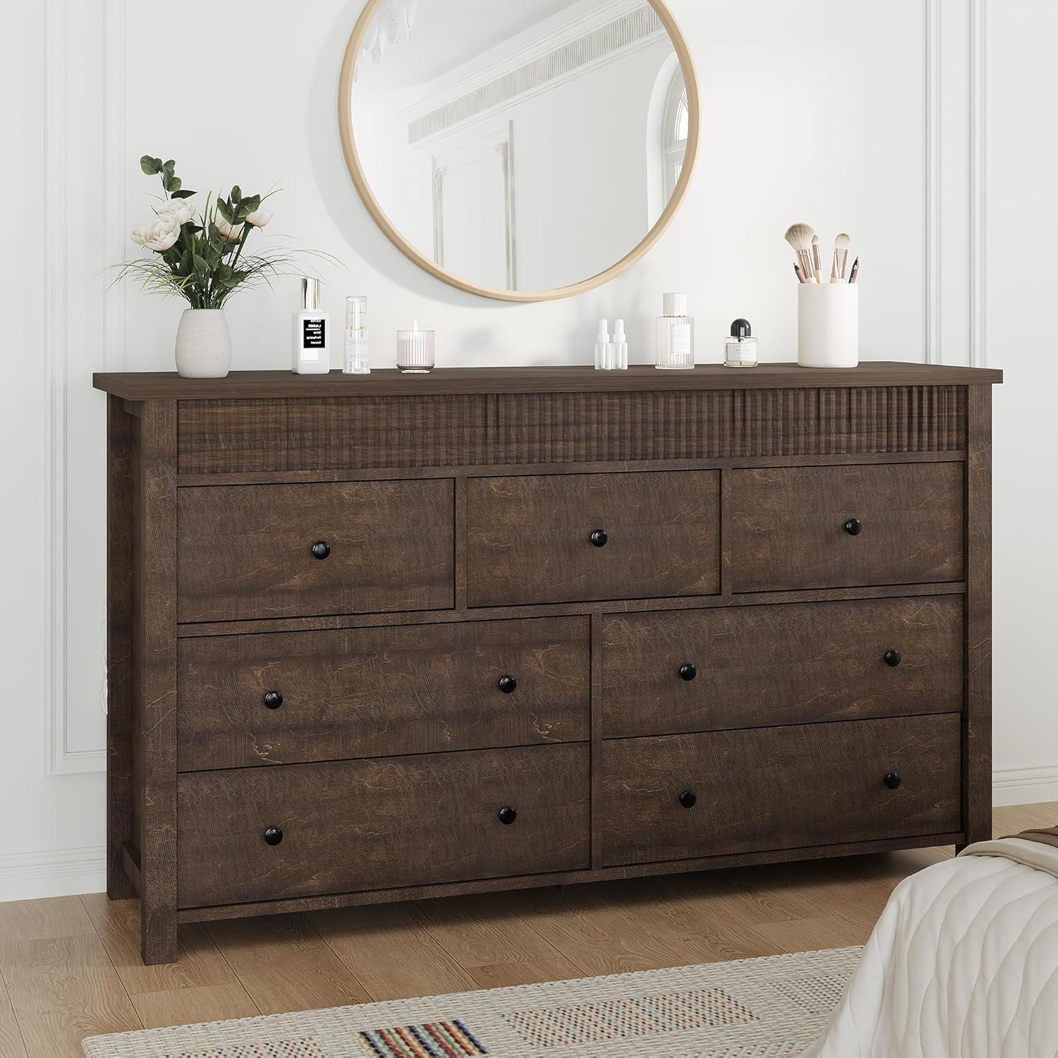 7-Drawer Dresser for Bedroom, Wooden Chest of Drawers, Fluted TV Stand, Storage Organizer for Living Room, Hallway and Entryway, Natural Oak