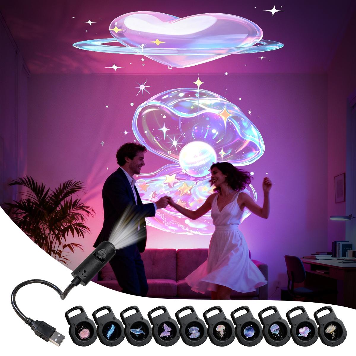USB LED Projector Light, Aurora Projector Lamp with 3/6/10pcs Patterns, LED Dream Projector Lamp Rose, Whale, Butterfly, Cloud Projection - USB Projector Night Light for Wall/Ceiling Decoration, Bedside Night Light, Birthday Gift