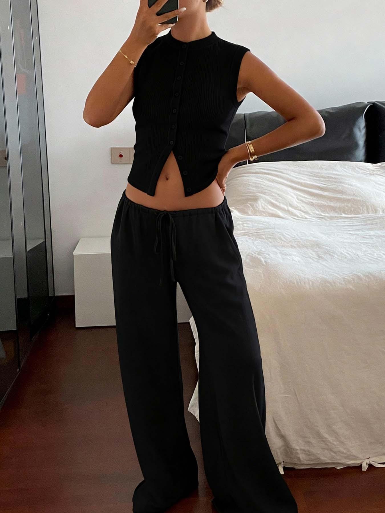 tiktokshopspringglowup Black ribbed sleeveless button top+wide leg drawstring pants set | Easy, quiet and luxurious, slim fit crop top, flowing and comfortable pants, all casual and fashionable # OOTD # ViralFashion