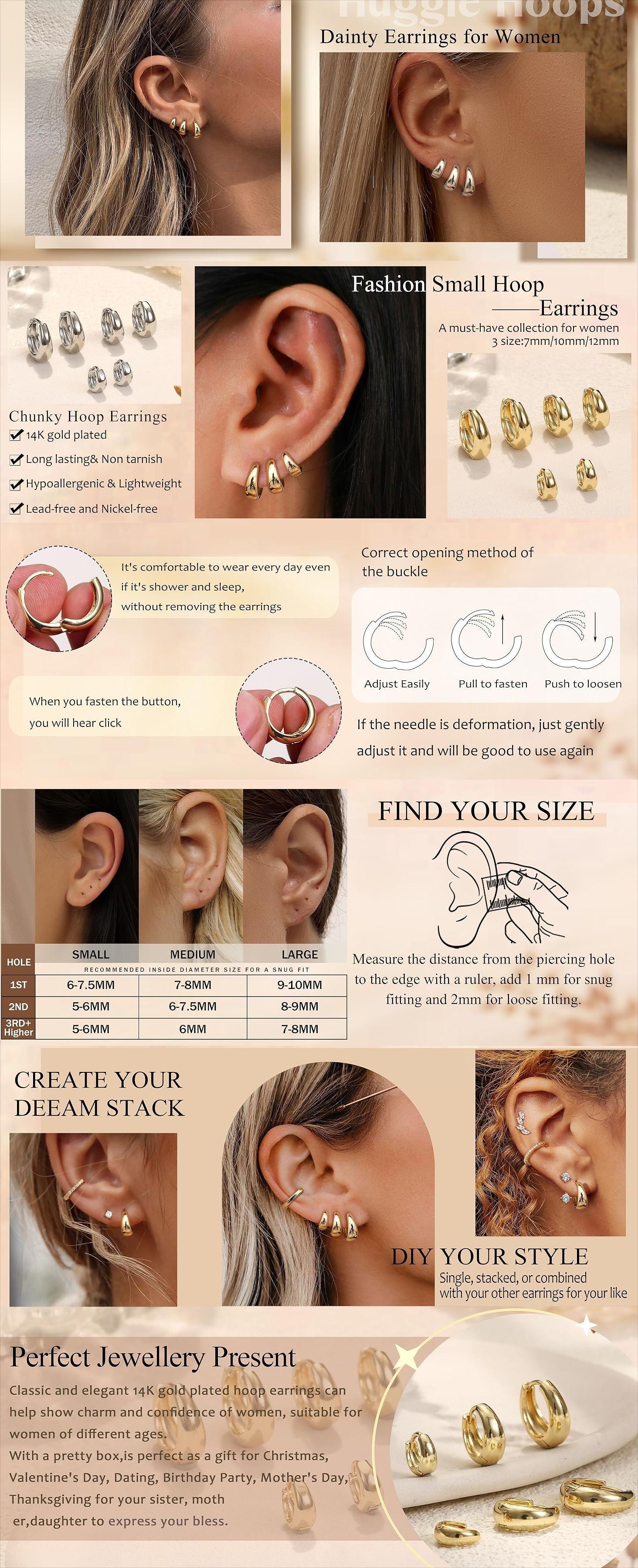 CASAIECA 3Pairs Hoop Earrings Set for Women 14K Gold Plated Chunky Earring Silver Plated Hypoallergenic Small Huggie Hoops Lightweight Tiny Thick Trendy Hoop Earrings Stacks for Multiple Piercing, Earring For Women, Chunky Hoops Summervibes