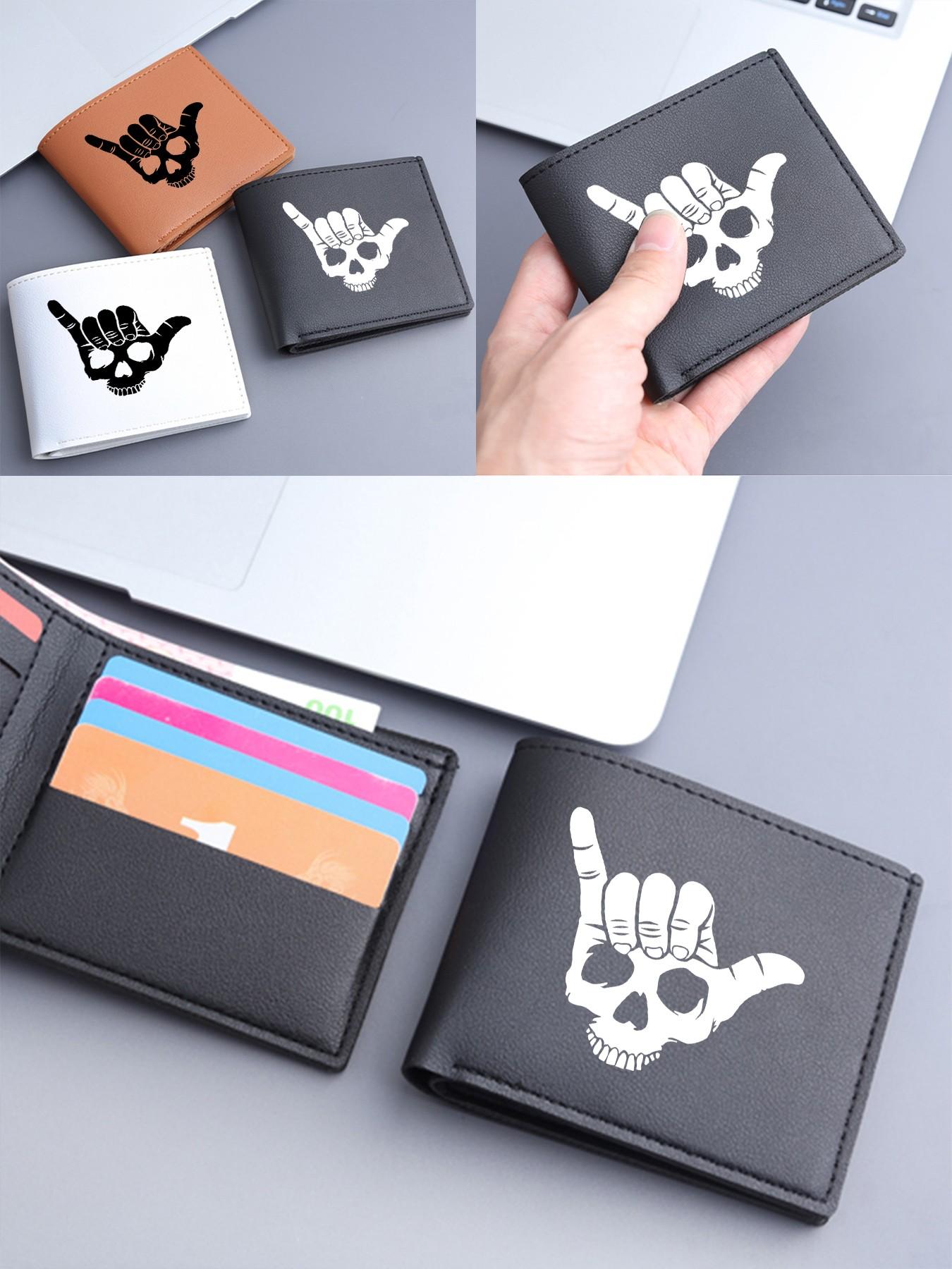 Unisex Skull Shaka Hand Print Bifold Wallet, PU Leather Multiple Card Slots Purse, Casual Everyday Carry Wallet for Men Women, Ideal Gift for Surfers  Trendsetters