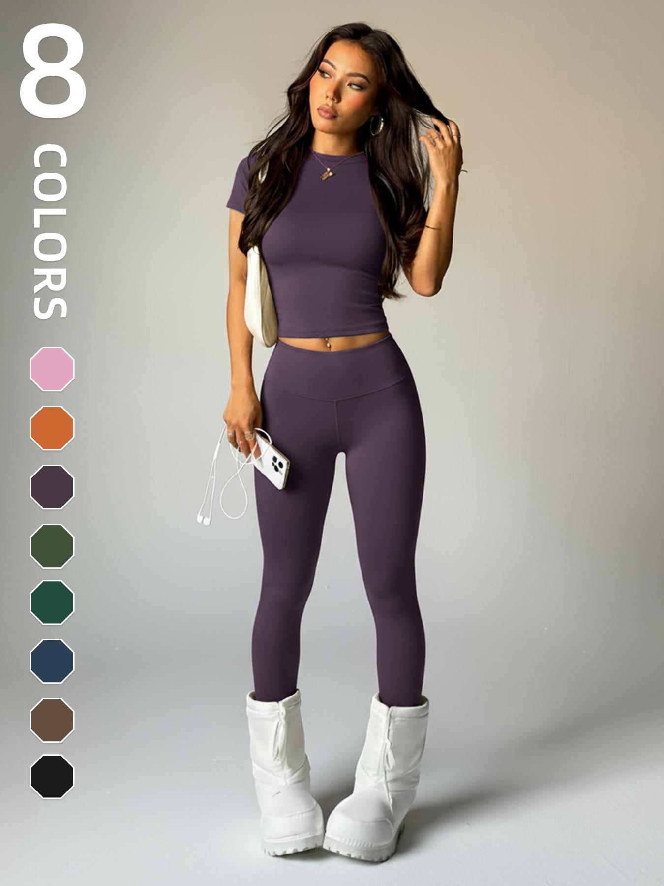 Women's Short Sleeve Round Neck Moisture Wicking Yoga Pants Set, Comfortable Fashion Daily Sports Wear, Elastic Sportswear, Workout Running Clothes