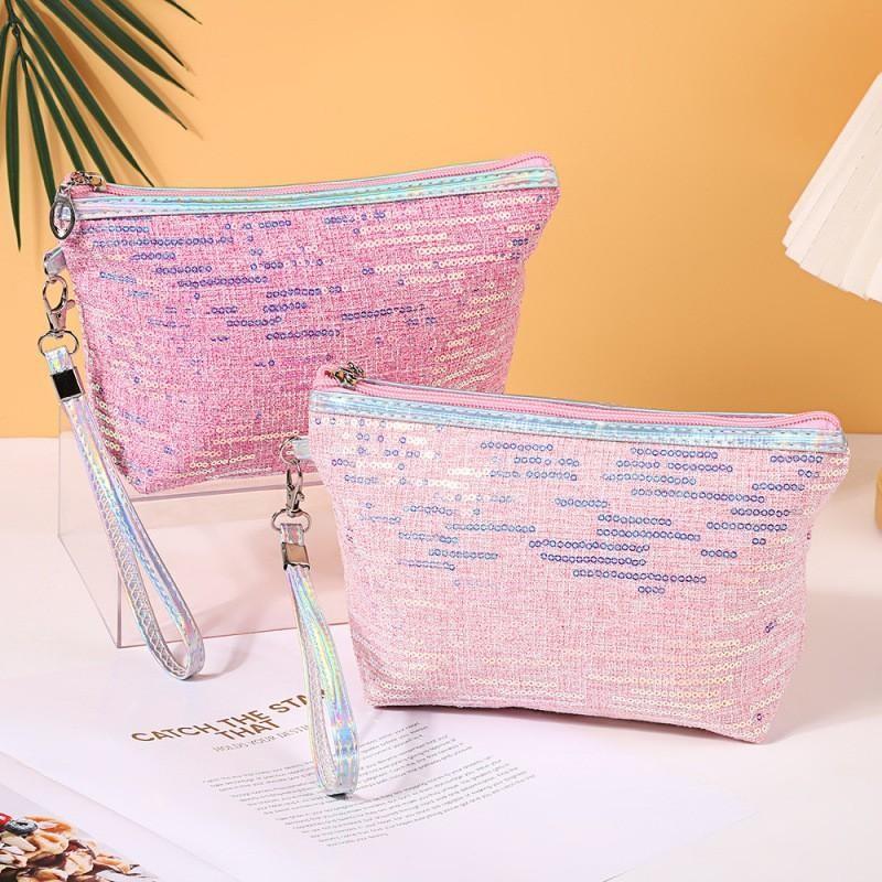 Cosmetic Bag with Large Capacity, Sequined Hand-Held Pearl Zipper Storage Bag, Portable, Home Travel Universal, Stylish & Functional Design