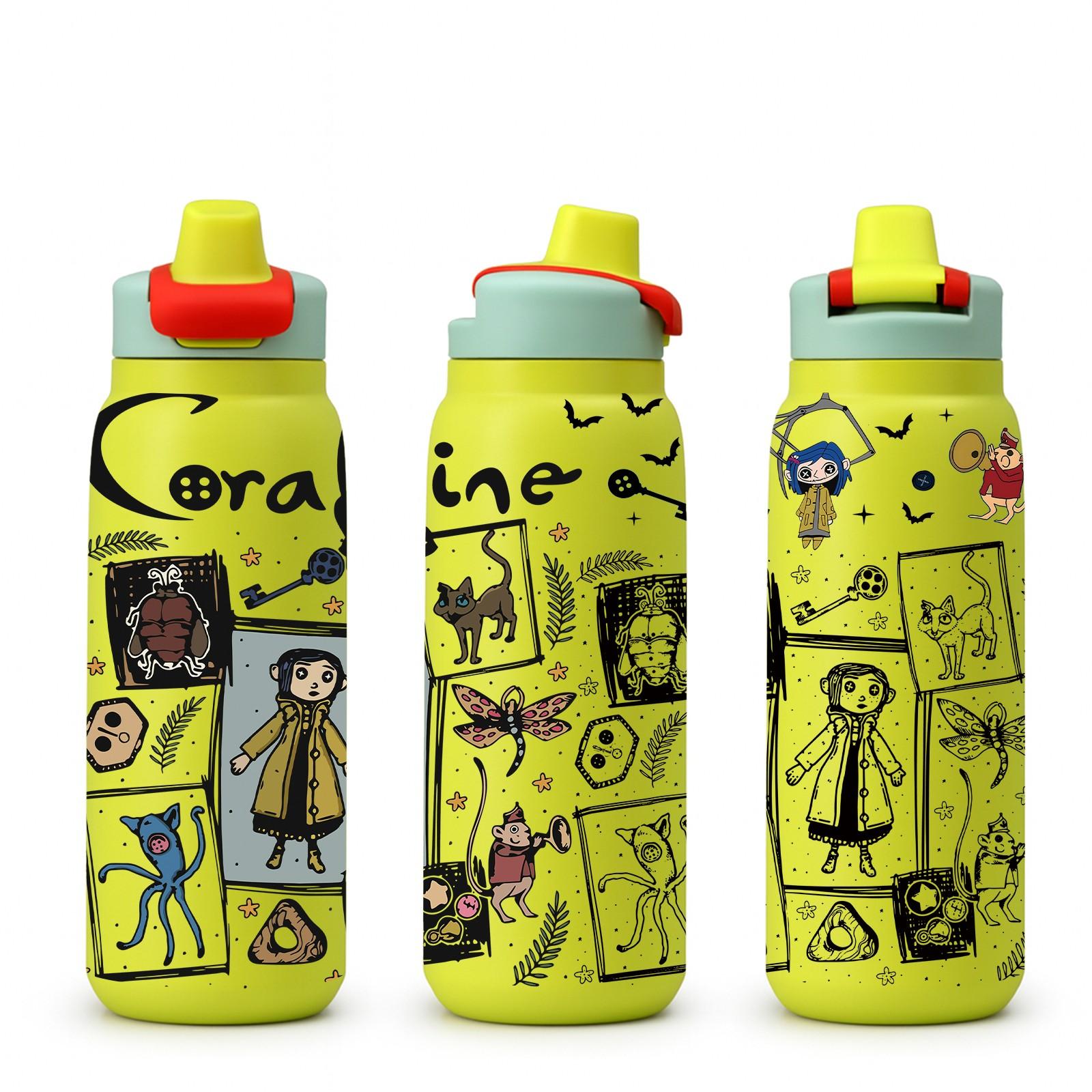 28oz Coraline Inspired Straw Insulated Tumbler, Dark Fairy Tale Aesthetic with Creepy Cute Cartoon Art, Double Wall Vacuum Stainless Steel Keeps Drinks Hot or Cold for Hours, Leak Proof Straw Lid, Big Capacity Bottle for Movie Fans and Weirdcore Lovers