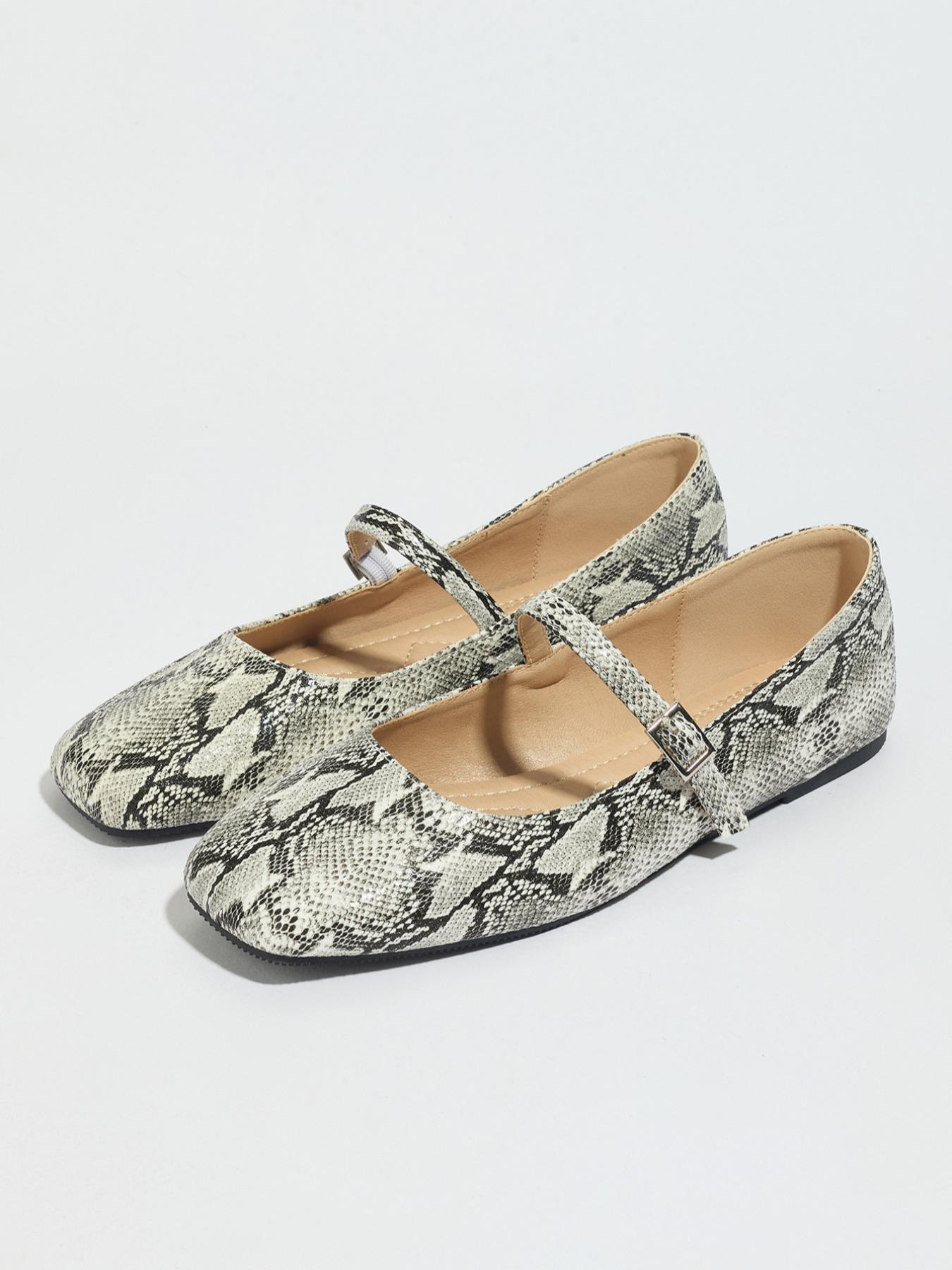 Women's Retro Snake Print Flat Mary Jane Shoes, Metal Buckle Slip-On Ballet Flats, Comfortable Low Heel Summer Shoes, Casual Flats