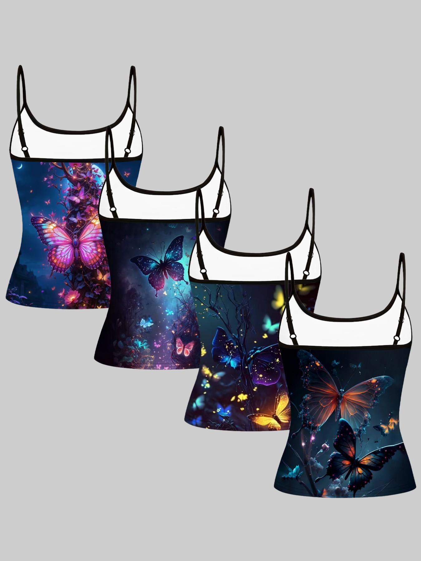 Dark Night Fluorescent Butterfly Print Halter Top, Summer Home Sleepwear Outer Wear, Unique Slim Fit Top Set of Four Pieces
