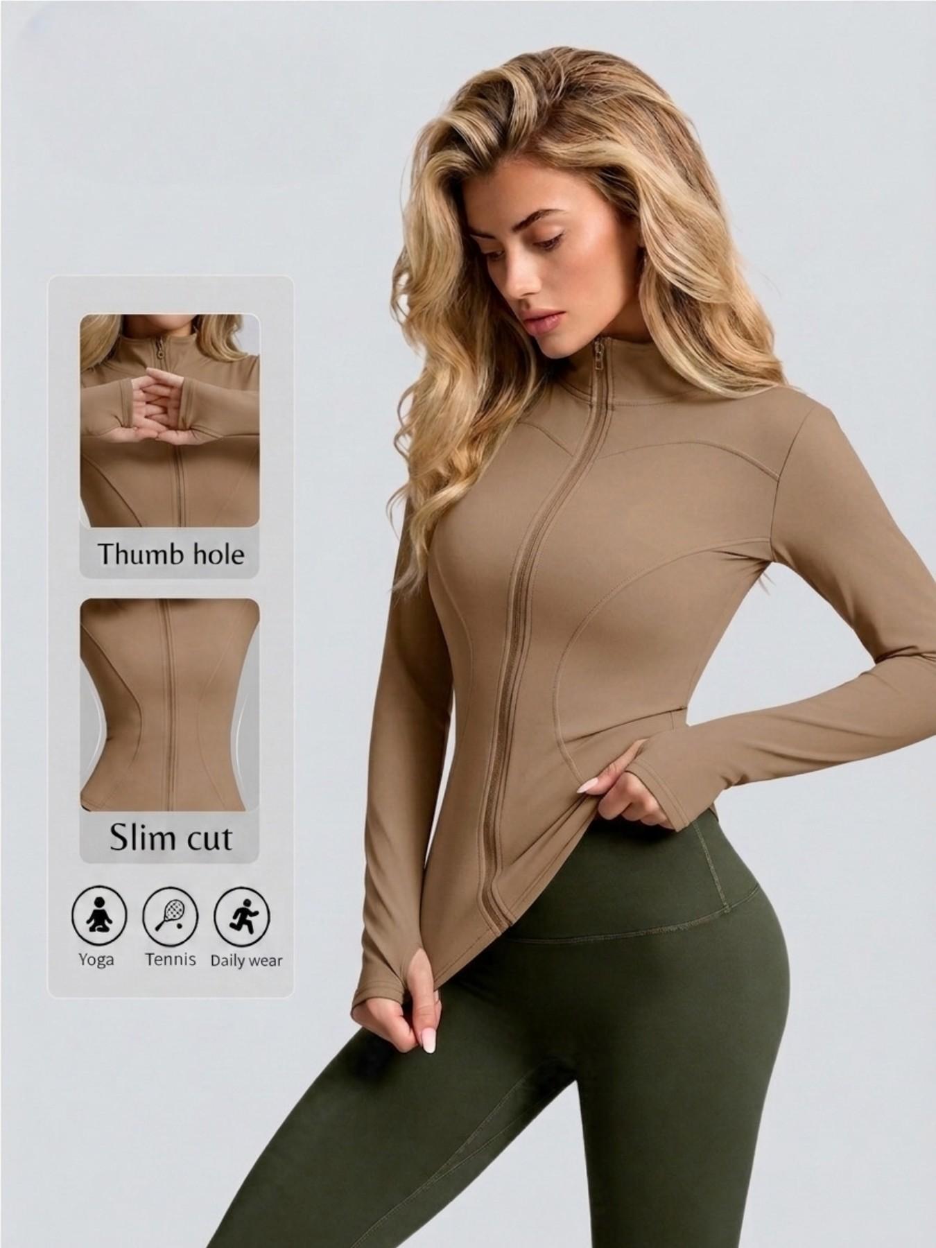 Women High Stretch Stand Collar Thumbhole Fitness Top, Breathable Running Slim Yoga Shirt, Long Sleeve Tight Workout Jacket, Workout Wear