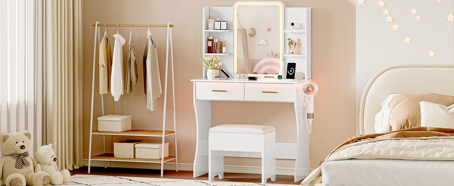 Led Light Makeup Vanity Desk with Lighted Mirror & Power Outlet,  Makeup Vanity Table Set with Storage Drawers & Chair, 3 Lighting Color Adjustable
