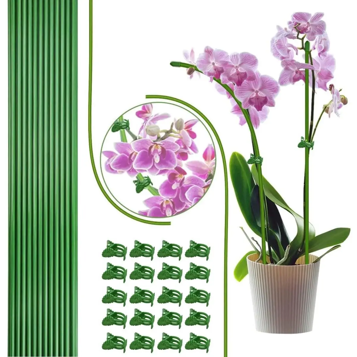 22Pcs Plant Stakes with 22 Pcs Clips, 15.8 inches Bendable Green Plant Sticks for Indoor and Outdoor Plants,Potted Plants,Single Stem Flower Support for Orchid Peony Rose (22, Green)