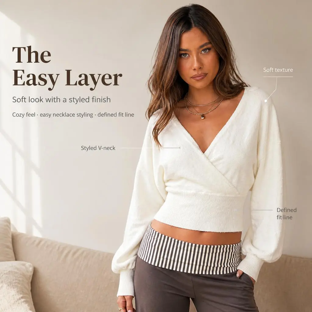 Women's Wrap Knit Top, Casual Chic Y2K Style, Soft Fuzzy Lightweight Fabric, Deep V-Neck Wrap Front Long Balloon Sleeve Sweater with Back Tie Detail