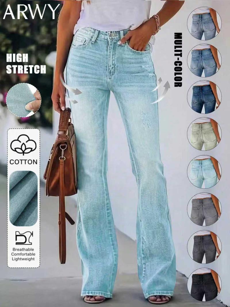 Women's Gradient-Color Slim-Fit Bootcut Jeans, Fashion Mid-Rise Stretchy Washed Denim Pants, Bohemian Style for All Seasons