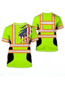 American Retro High Visibility Workwear, Fluorescent Block Short Sleeve, Patriotic Flag Pattern Safety T-Shirt, Casual Loose Fit