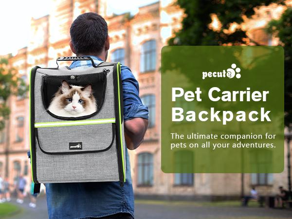Pecute trapezoidal cat backpack, comfortable travel, well-ventilated, available in black and grey.