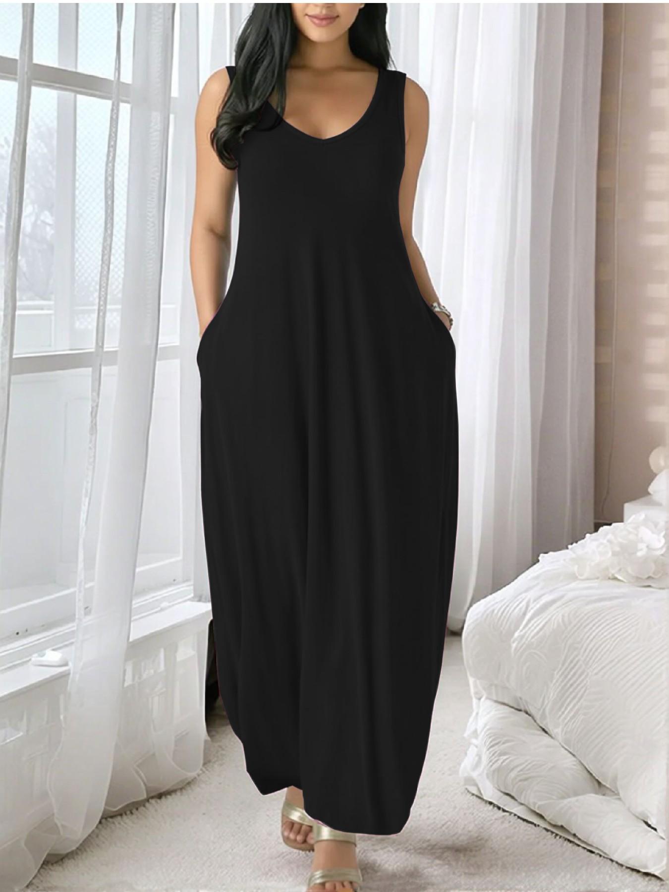 Summer Casual Sleeveless Backless Long Dress with Pockets, Loose Fit Comfortable Slimming Home Wear, Versatile Everyday Summer Casual Sleeveless Backless Long Dress with Pockets, Loose Fit Comfortable Slimming Home Wear, Versatile Everyday