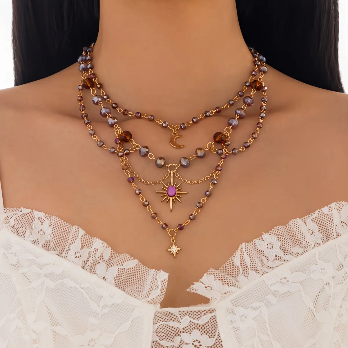 Necklace with stars, moon, crystal tassels