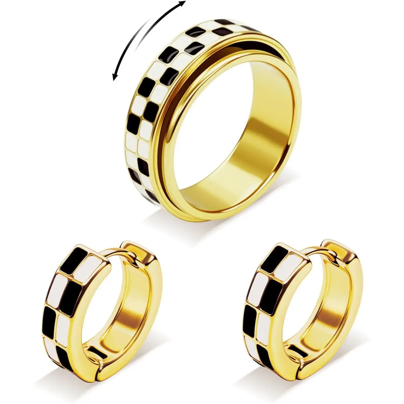 Checkered  Set for Women-  Plated Stainless Steel Checkered Fidget Ring &  Checkered  Chunky Huggie Hoop Cartilage Earring  &