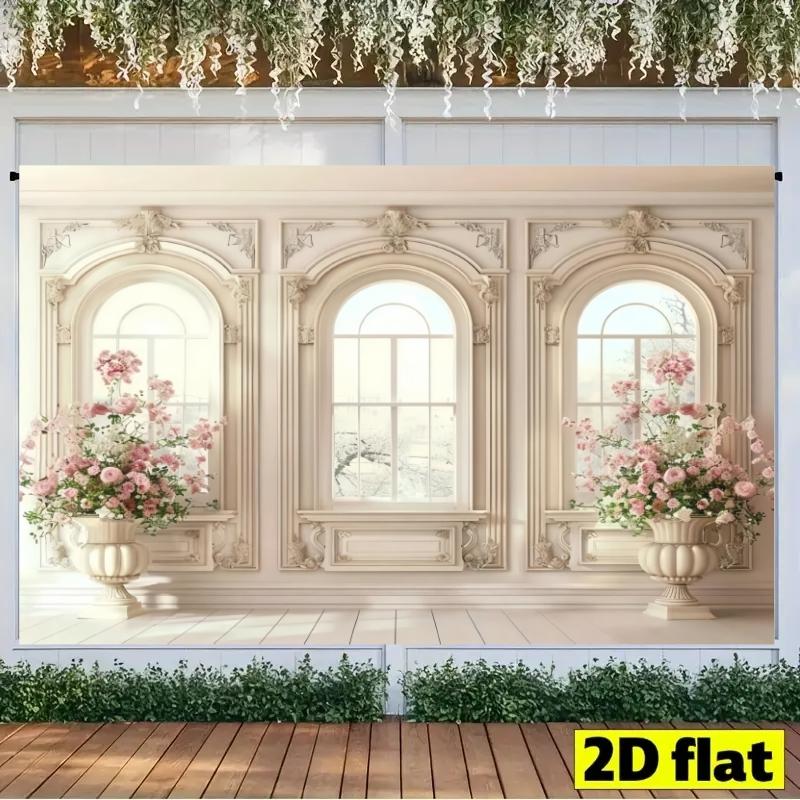 French Vintage Arch Background Cloth, European Floral Window Scene Rose Vase Photo Hanging Cloth, Wedding Birthday Party Decor