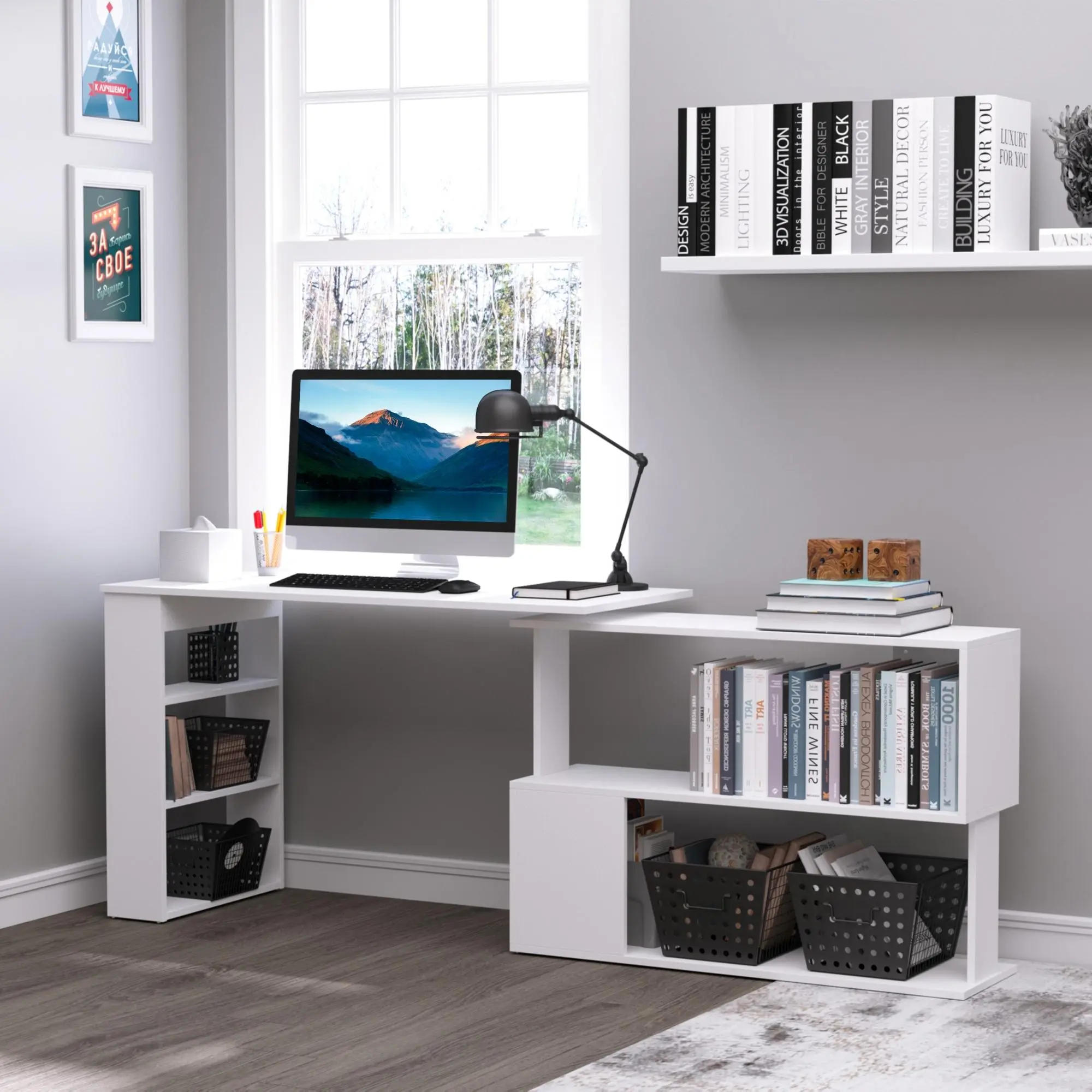 L Shaped Desk, 360° Rotating Corner Computer Desk with Storage Shelves, Reversible Office Desk, Writing Table Workstation, Home Office Desk for Small Spaces, Study Table, Gaming & Work Desk, White