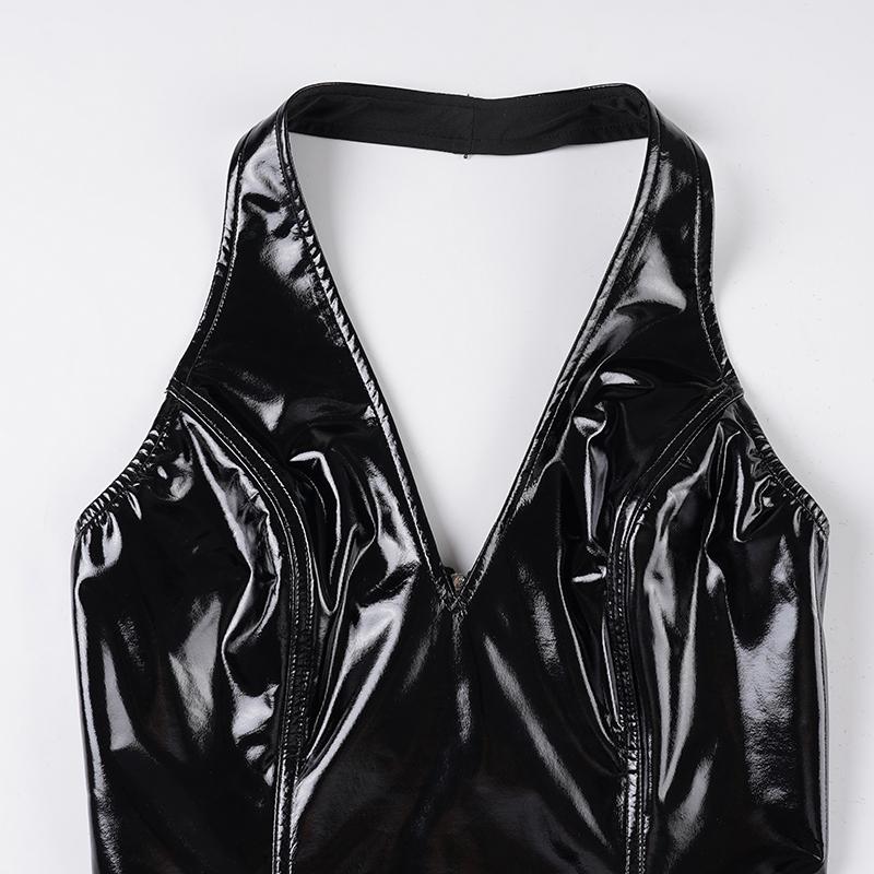 Street Fashion V Neck Fitted PU Leather Backless Top, Casual Sleeveless Cropped, Sexy Halter Short Nightclub Party Style Women's Sleeveless Vest