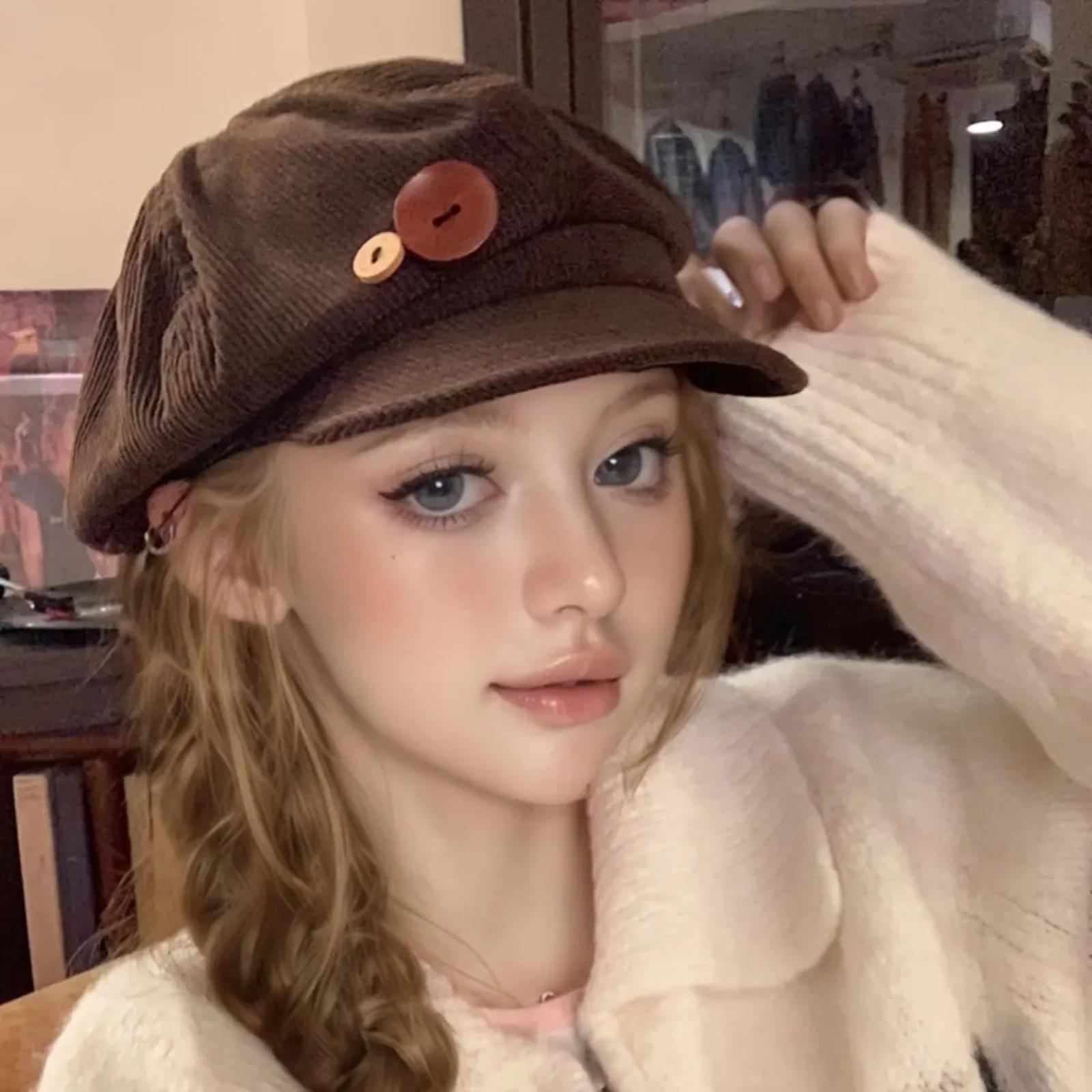 Unisex Vintage Octagonal Beret - Japanese Style Button-Top Baker Boy Newsboy Cap, Soft Flannel Artist Hat, Lightweight Comfortable Fall Streetwear Hat for Women, Travel & Photoshoot Outfits, Hats For Women
