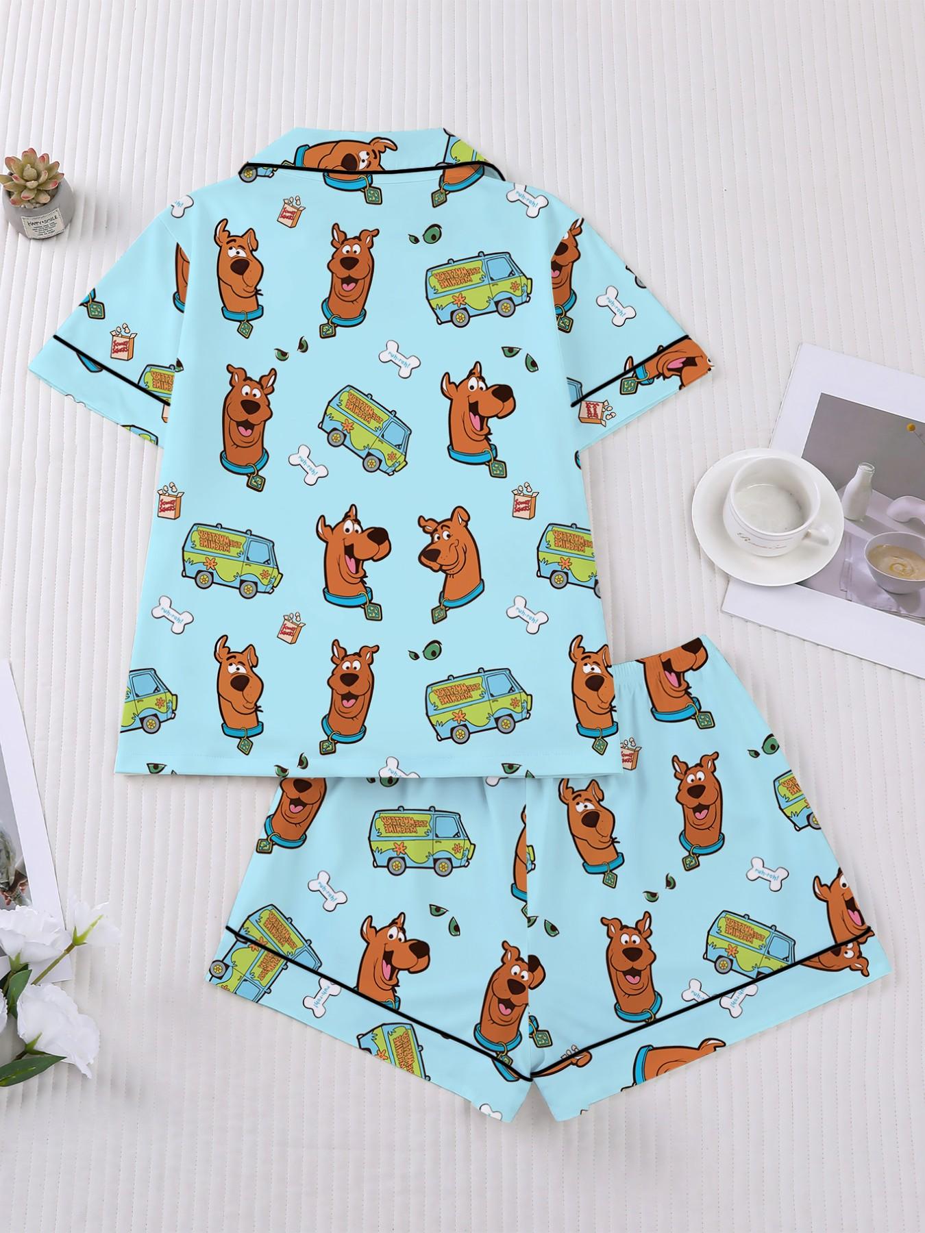 Women's Cartoon Pajama Set, Loungewear, Pyjamas, Pjs, Short Sleeve Button Front Top & Elastic Shorts, Elegant Fitted Sleepwear, Comfortable Homewear, Cartoon Pattern Pajamas