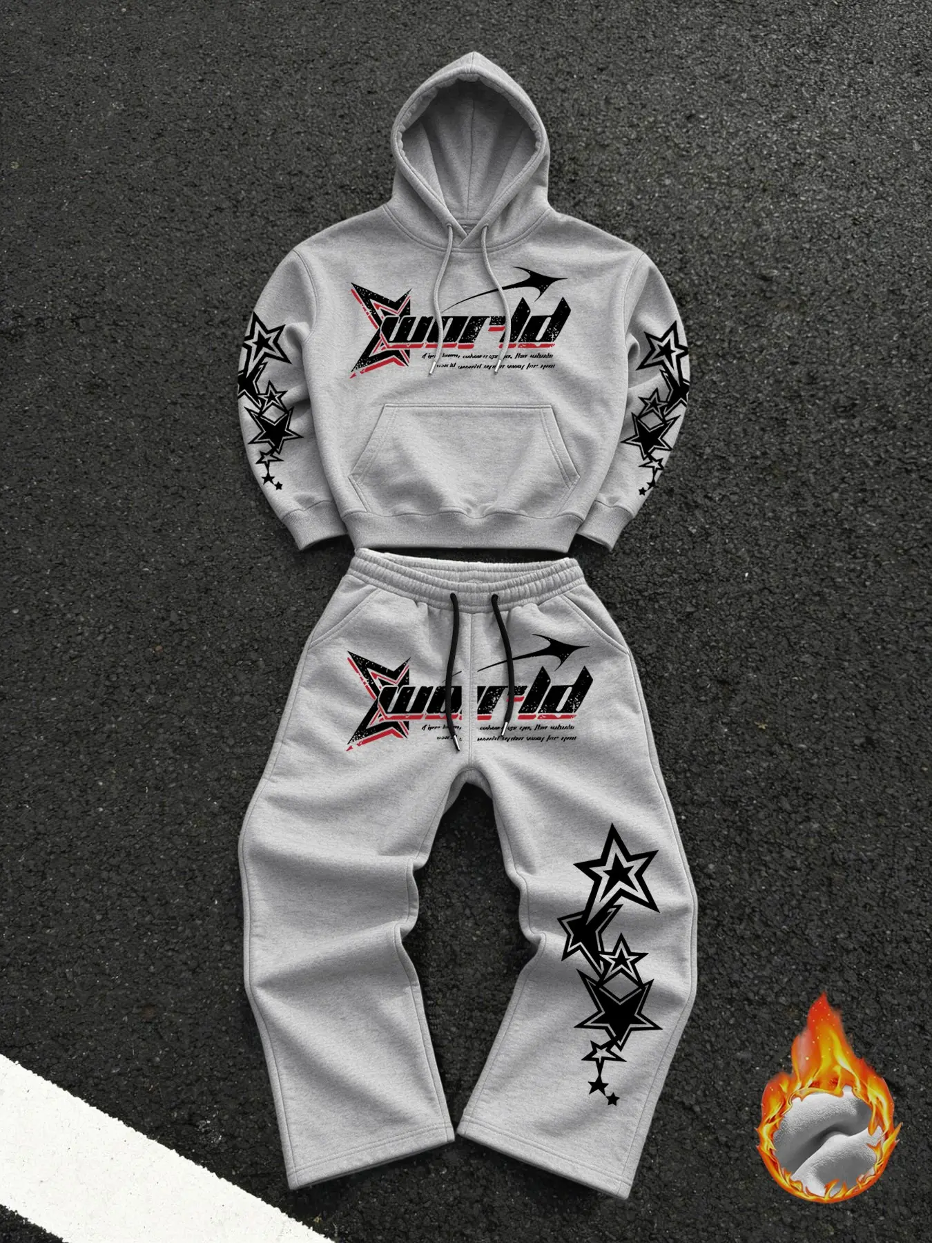 Men's Fall Winter Fleece Y2K Streetwear Sweatshirt Hoodie and Wide Leg Pants Set, Star and Graffiti Print, Casual Daily Wear, Two-Piece
