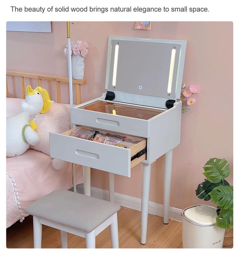 【HOT】Small Space Vanity Desk, 100% Solid Wood Makeup Table, Flip-Top Mirror with Lights, Space-Saving Makeup Table with Drawers, Adjustable Brightness, Elegant & Functional Vanity, Narrow Space Available