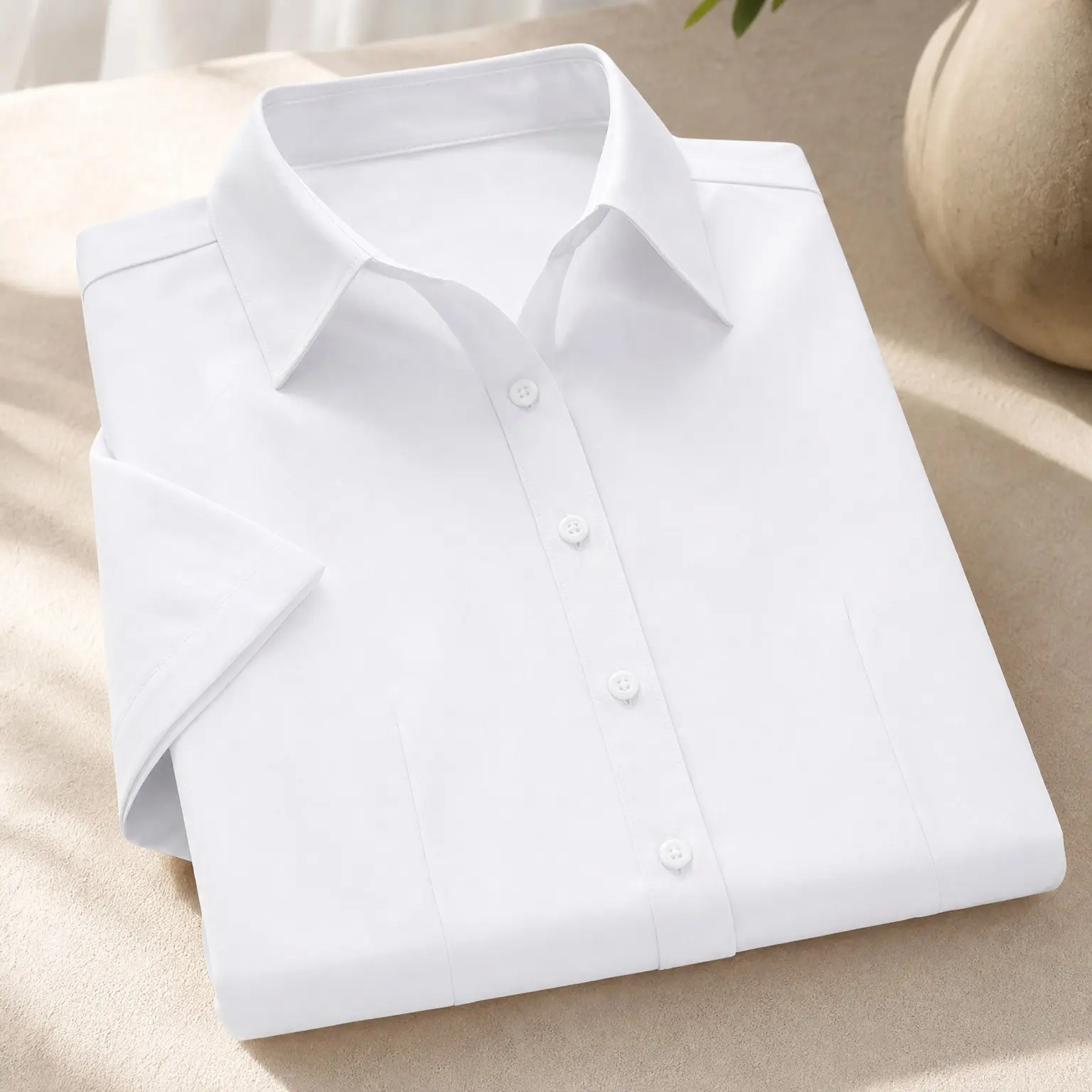 Women's Basic Short Sleeve Stretchy Button-Down Collared Shirt - Waitress Work ShirtGift