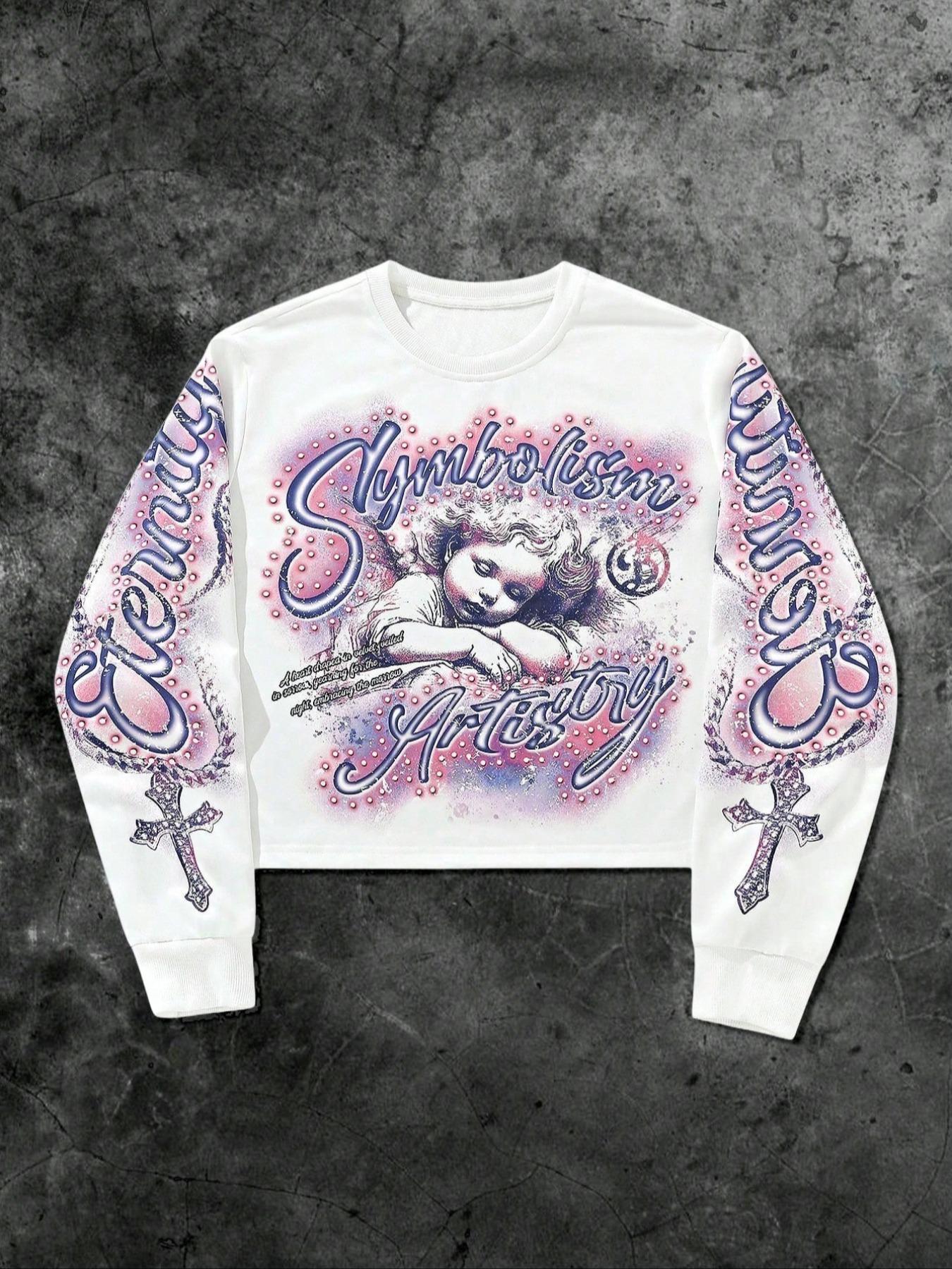 Men's Graphic Sweatshirt with Letter and Cross Print, Loose-Fitting Fall & Winter Pullover, Casual Angel Design Long Sleeve Top