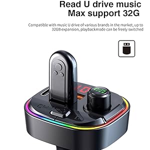 Black Car Bluetooth FM Transmitter Car Accessories - 12V-24V Vehicle Adapter with 3 USB Ports, 18W, BT5.0 Stable Link, 6 Visual EQ Modes, 5V/1A USB Flash Drive Support, Hands-Free Calling, 7-Color LED Backlit, TF Card Compatibility, MP3 Player