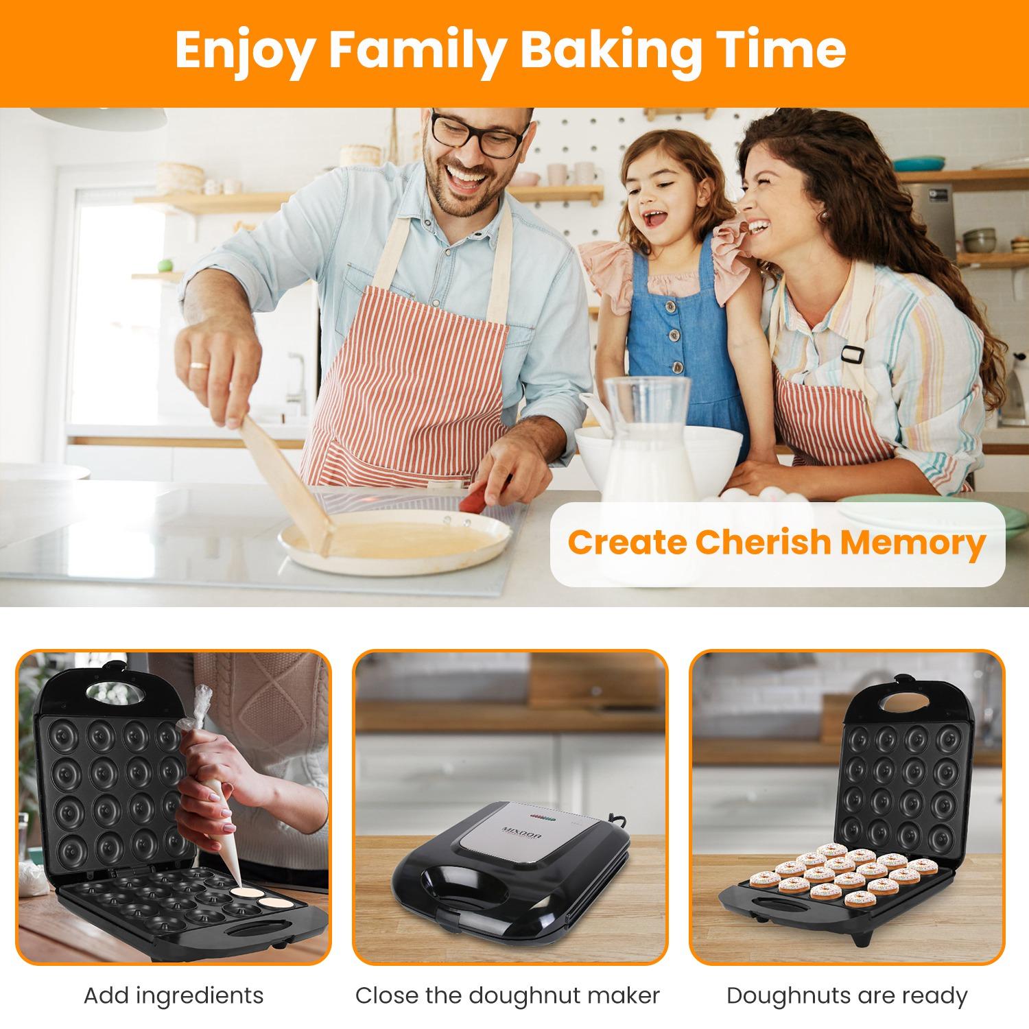 Mini Donut Maker Machine, 16 Holes Non-Stick Waffle Donut Baker, Double Side Heating Electric Doughnut Maker with Overheat Protection, Easy Use Snack Maker for Kids Breakfast Home Dessert Making