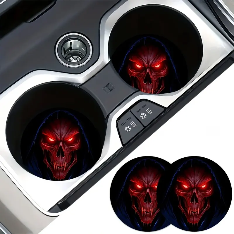 2pcs Car Coasters - Shadow Skull Red Eye Demon Themed Car Coasters, Unique 2D Printed Design, Car Coasters, Non-Slip and Wear-Resistant, Suitable for All Seasons