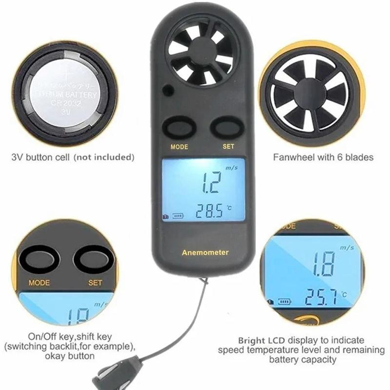 Professional Anemometer & Thermometer, High-Precision Digital Wind Speed Meter with LCD Backlight, Portable for Quick Outdoor/Indoor Air Flow & Temperature Measurement.