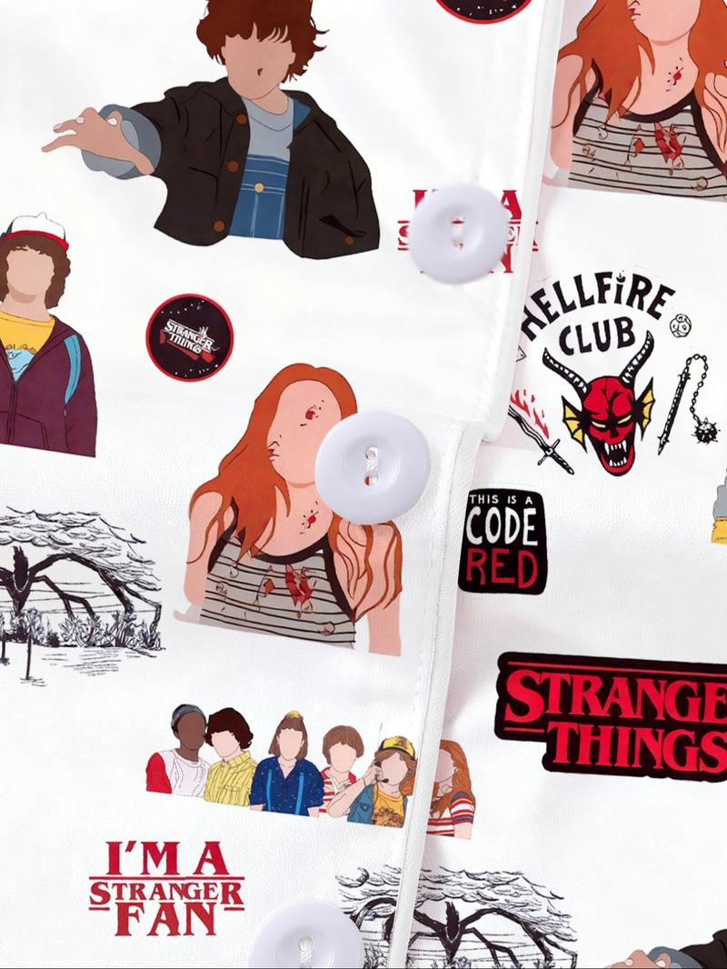 Stranger Things Cartoon Print Pajama Set for Kids - Summer Short Sleeve Cartoon Print Home Wear 2-Piece Set for Boys and Girls, New Flame-Retardant Turn-Down Collar Shirt and Loose Elastic Waist Ruffled Shorts Set. The pajamas feature iconic character pri