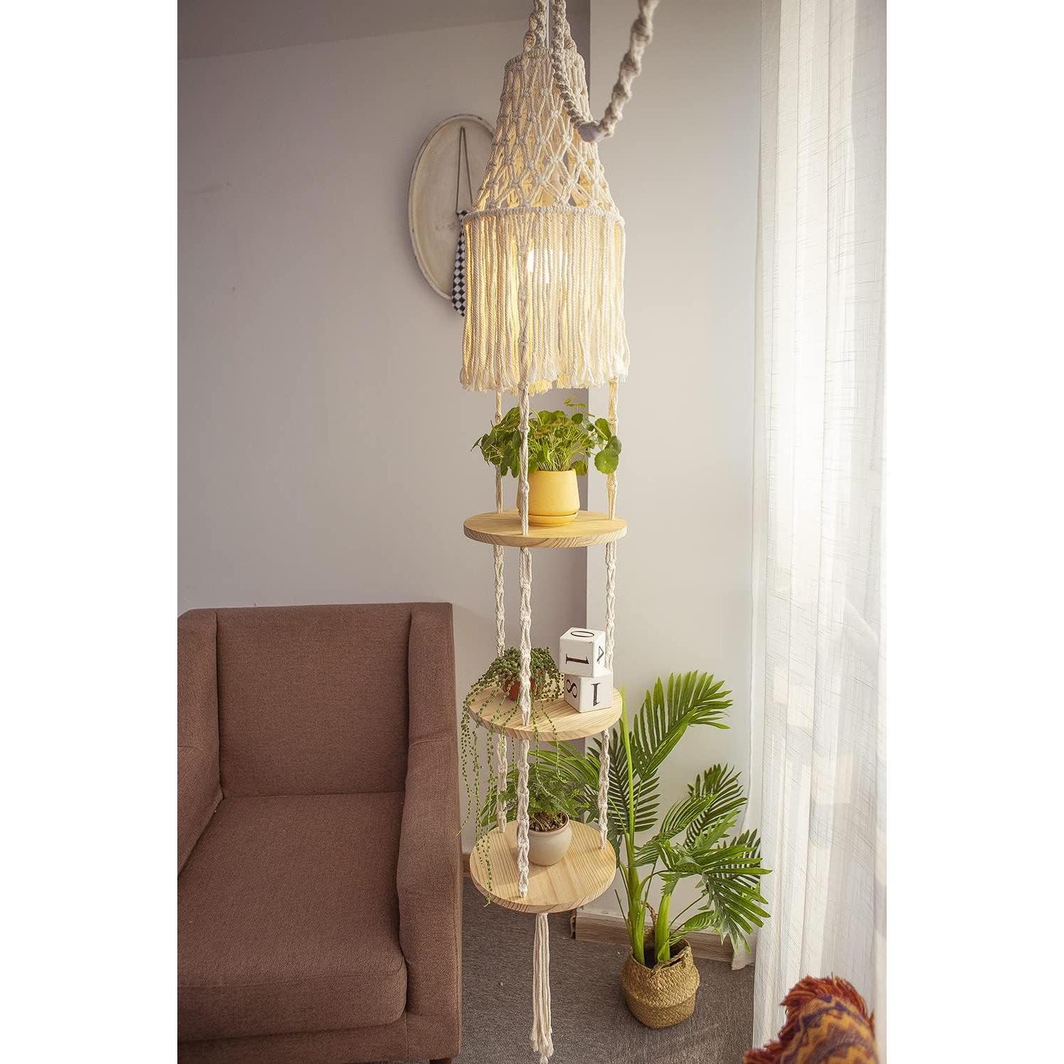 Macrame  Hanger Shelf  Rope Shelf Indoor with Boho Lamp Shade 3 Tier Floating Round Shelves Decorative Shelf Flower Pot Holder Planter Display Rack Boho  Decor-1 Set