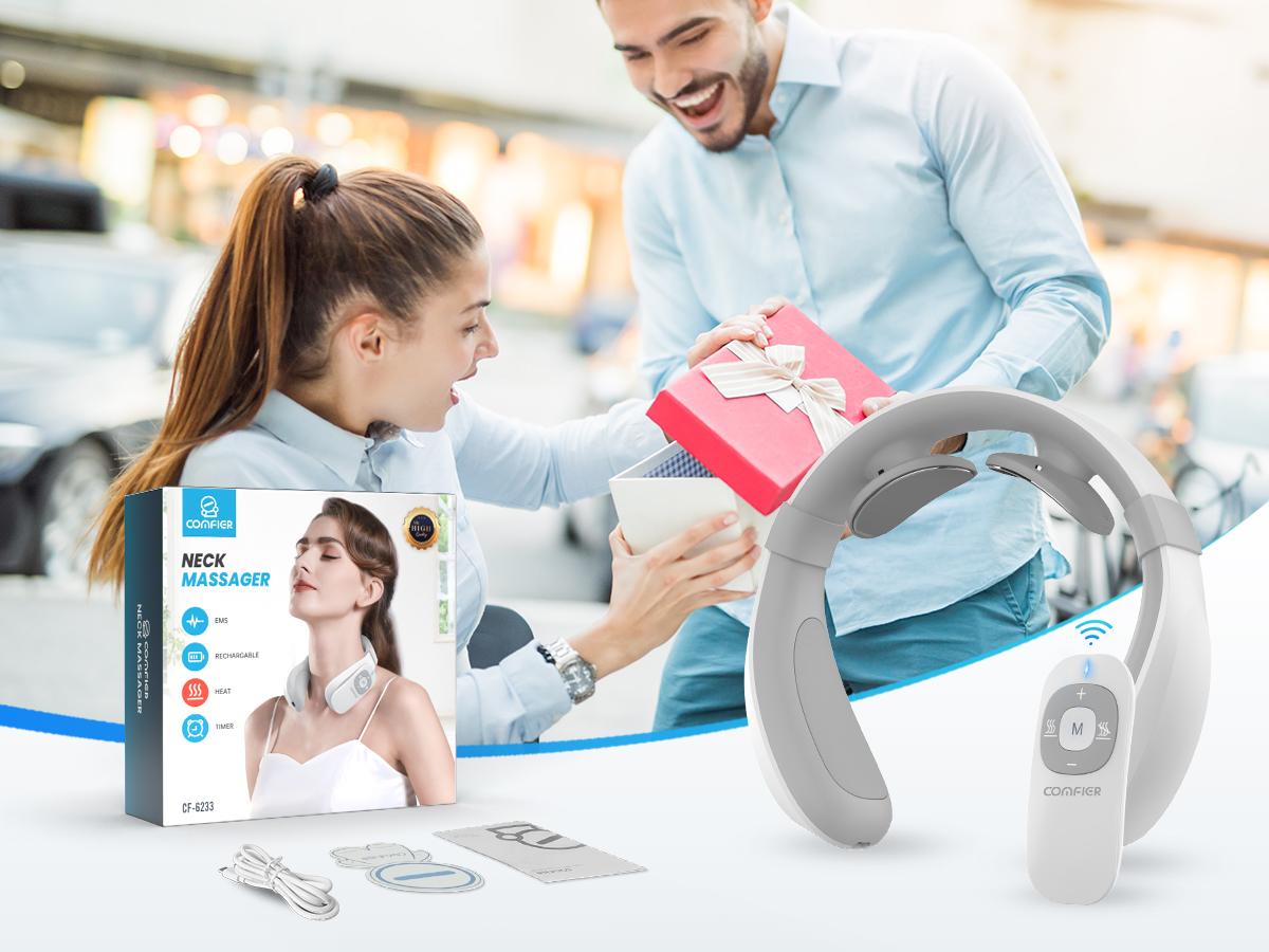 COMFIER Cordless Portable Heated Neck Massager, EMS Intelligent Electric Pulse with Heat, FSA Smart Wireless Neck Massager with 3D Electrode Pads Gift Somatic Therapy Device Tens Unit Migraine Adjustable