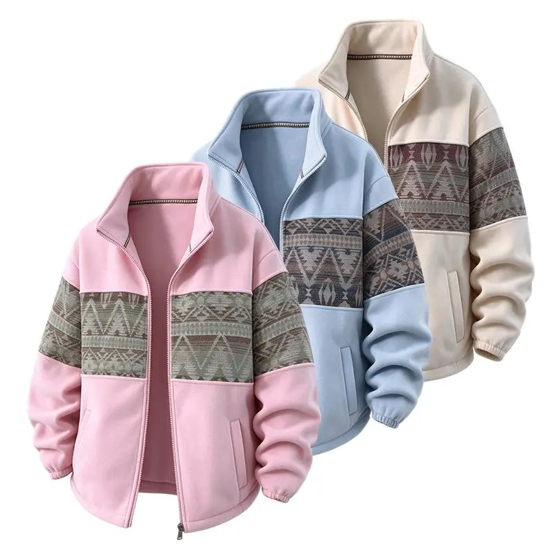 Fall Winter Women Pattern Sleeve Zip Jacket, Contrast Shoulder Splicing, Multiple Colorways, Stand Collar Ribbon Detail, Casual Long Sleeve Street Coat, Versatile Daily Wear#sohochic