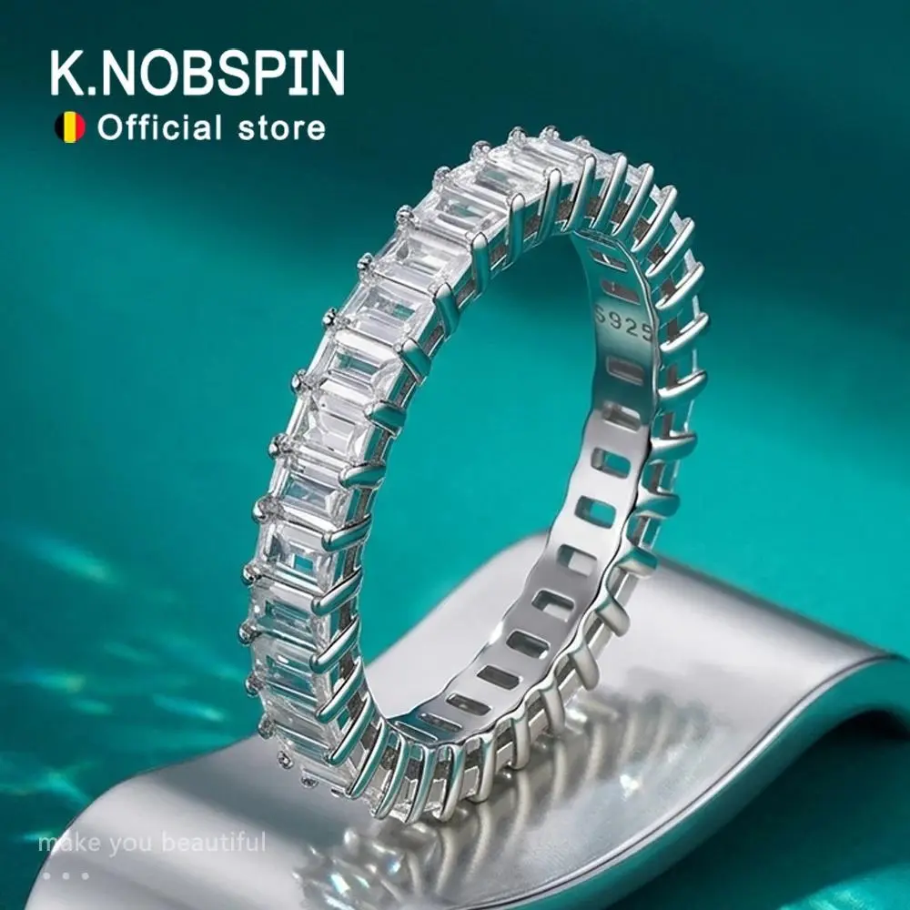 KNOBSPIN Emerald Cut Moissanite Eternity Ring 925 Sterling Silver Wedding Band D VVS Lab Grow Created Moissanite Rings for Women