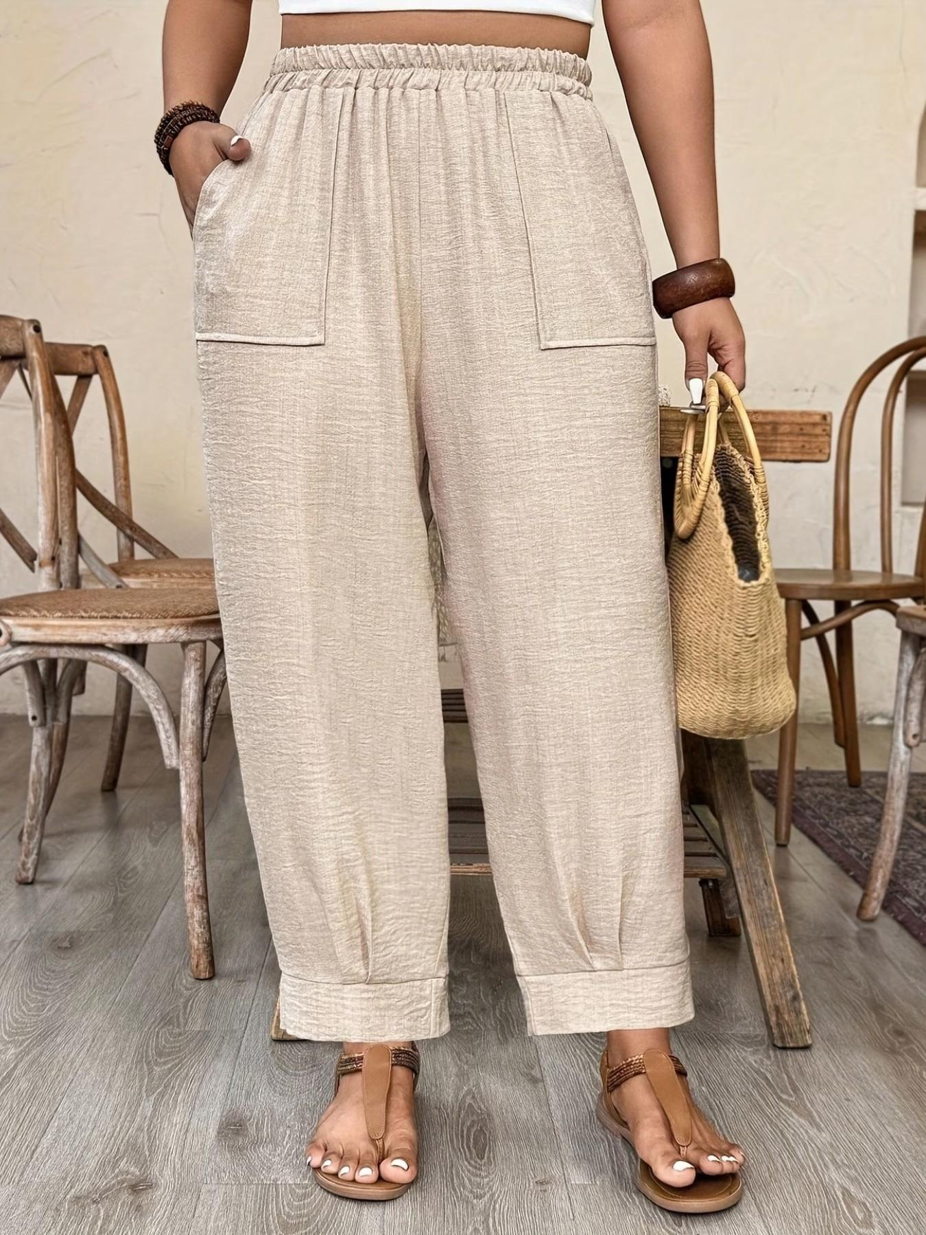 Plus Size Casual Elastic Waist Loose Fit Trousers, Breathable Lightweight Fabric, Y2K Clothes Summer Outfits, Trendy Vacation Daily Wear, Comfortable Relaxed Fit Work Casual Bottoms
