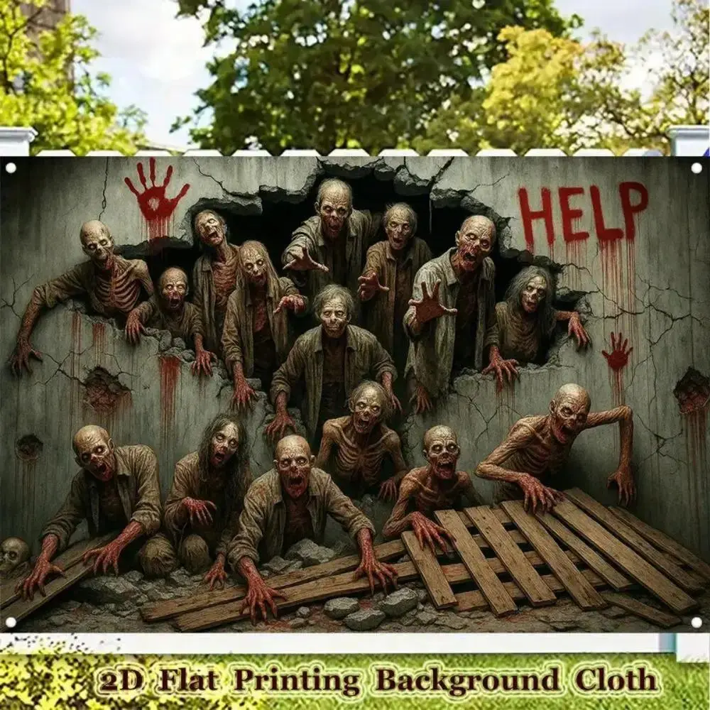 VIKAMA 2D Halloween Banner - Zombie Breakout Horror Scene Photography Background - Party Decoration - Hanging Background