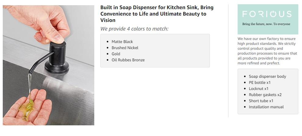 FORIOUS Soap Dispenser for Kitchen Sink, Built in Sink Soap Dispenser, 500ML/18OZ Bottle, Lotion Dispenser for Kitchen Sink Built in Refill